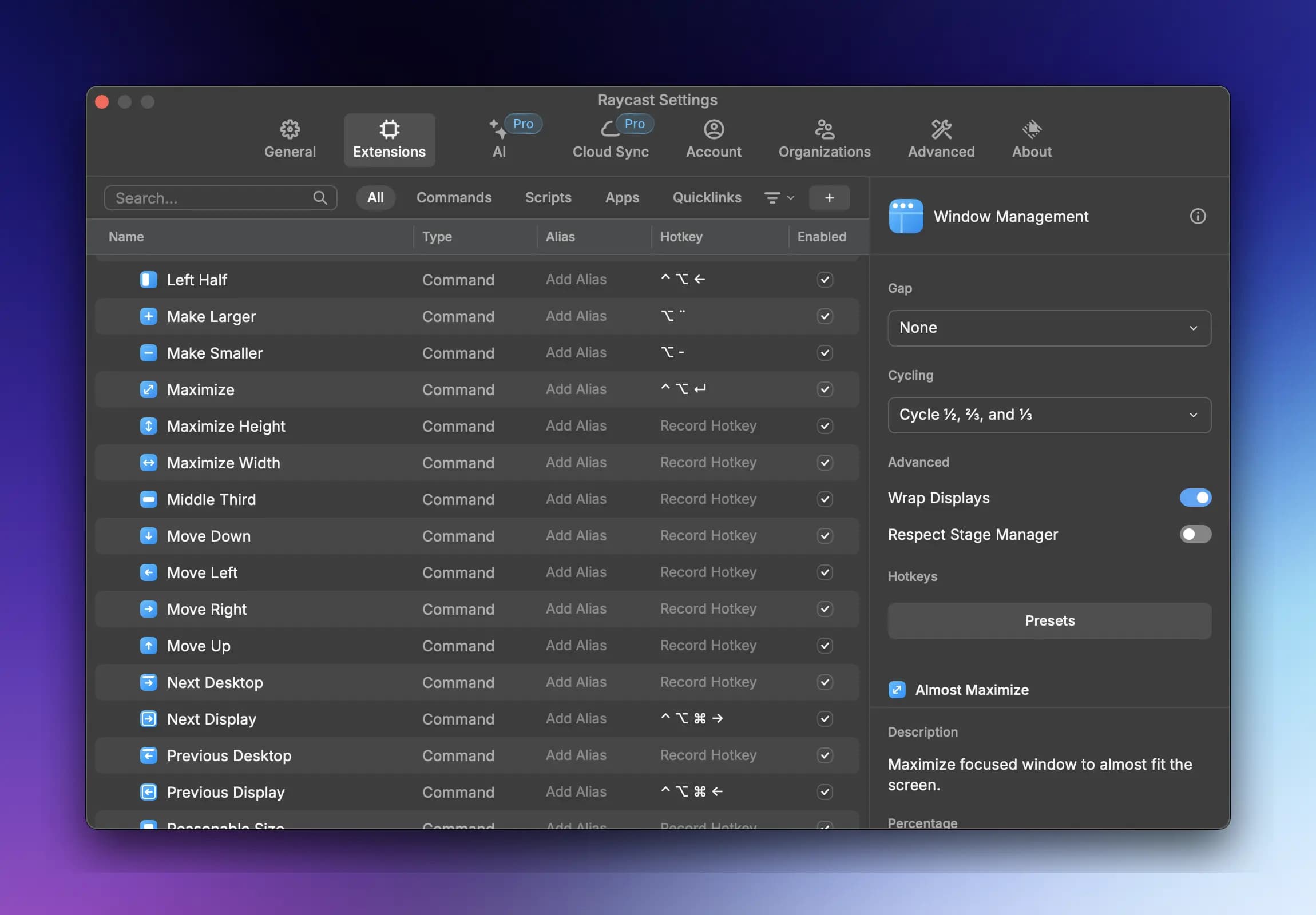 Window management settings